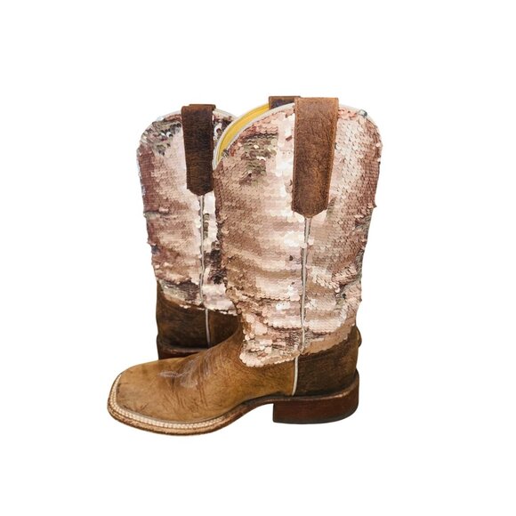 Macie Bean Distressed Leather Bison Sparkle Pink Sequin Western Cowgirl Boots - Picture 11 of 11